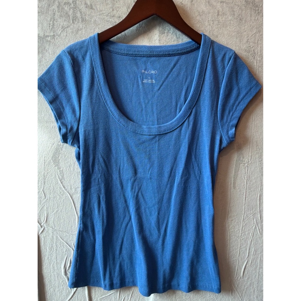 Pilcro Anthropologie Ribbed Sunny Scoop Neck Tee Women L Blue Layering Basics